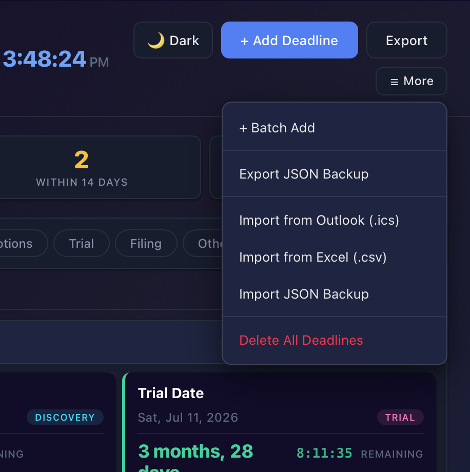 More menu showing batch add, import and export options